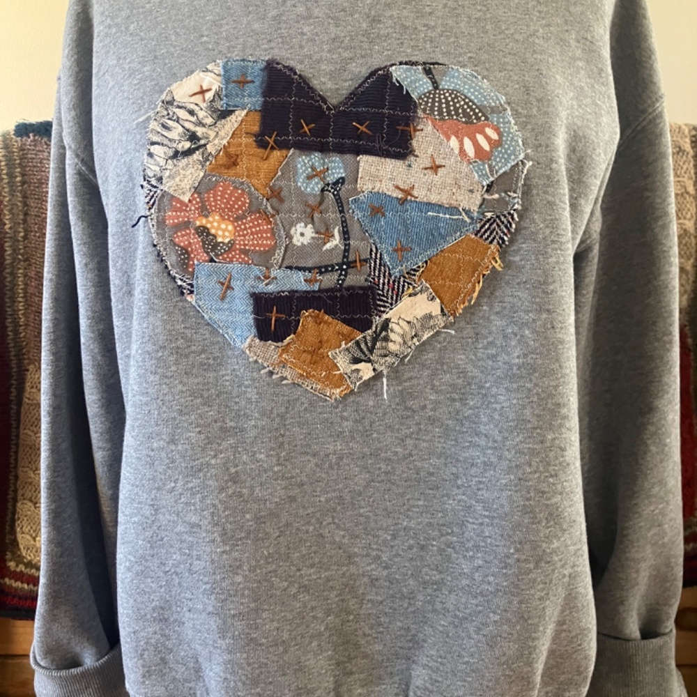 Reworked Grey Sweatshirt w/ Scrappy Mended Heart Patch – OOAK